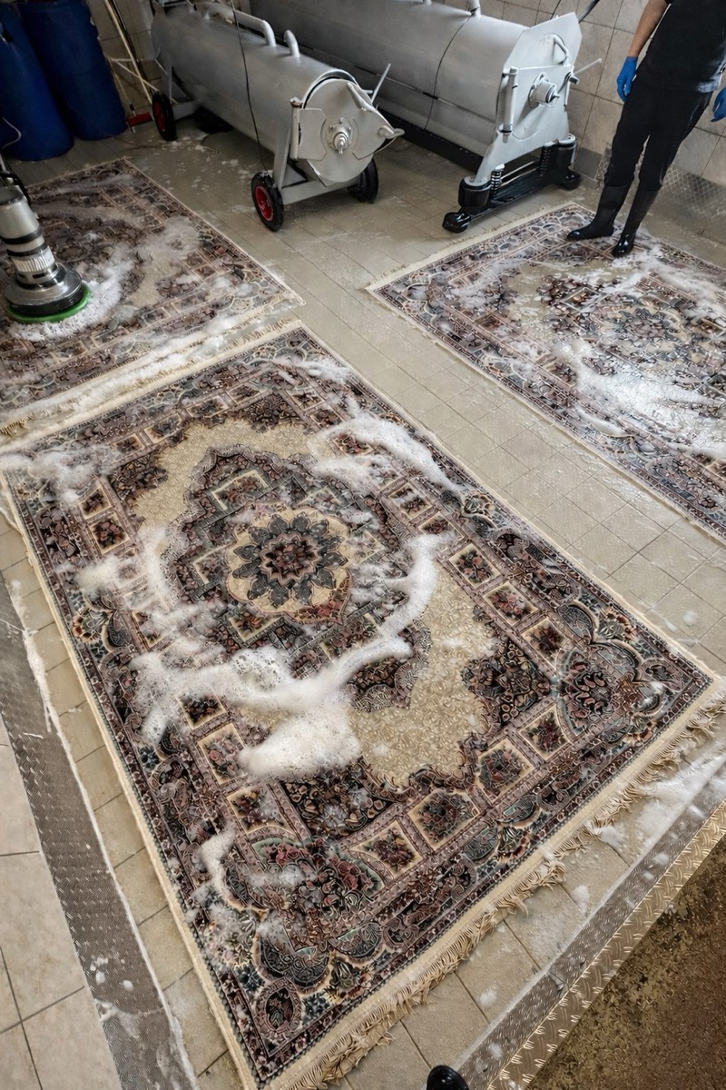 Eingeschäumter Orientteppich während der Tiefenreinigung